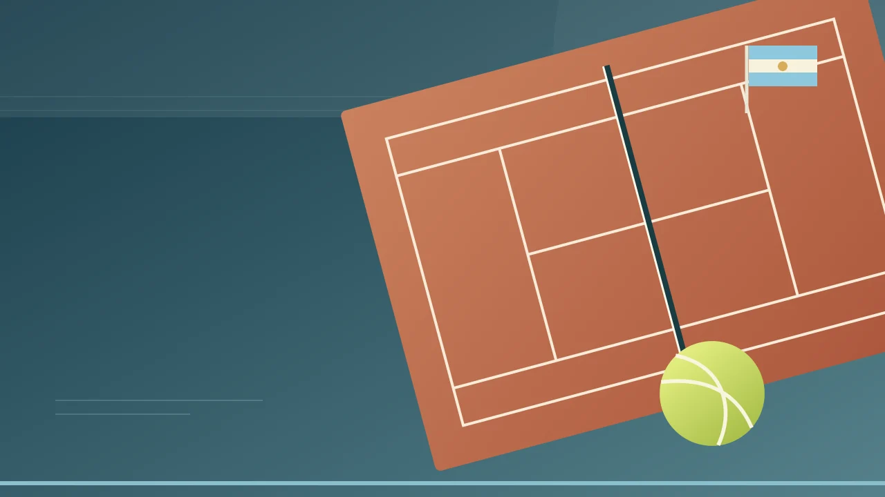 Ilustración de una cancha de tenis sobre polvo de ladrillo con colores argentinos